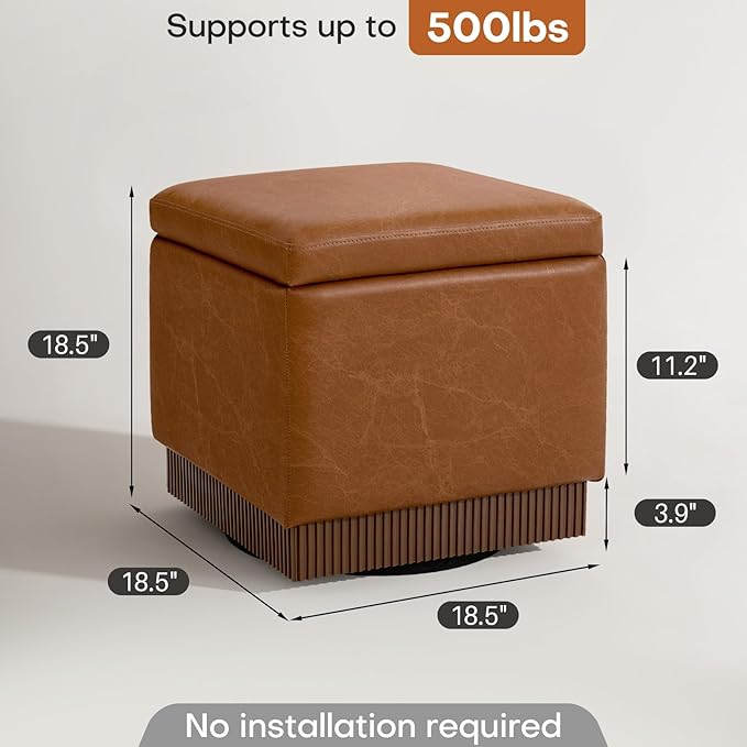 Swivel Storage Ottoman with Hidden Compartment, Square Faux Leather Footstool, Solid Acacia Wood Frame, 500 lbs Capacity, No Assembly Required, for Living Room & Bedroom