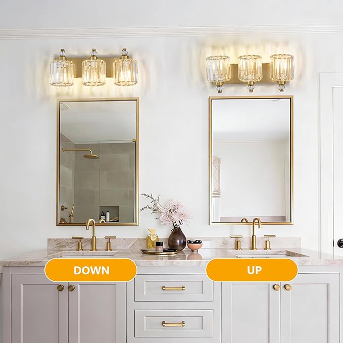3-Lights Brushed Brass Bathroom Light Fixture Gold Vanity Lights Modern Crystal Bathroom Vanity Lighting Over Mirror Wall Sconce with K9 Crystal Shade E26 Base for Living Room, Bedroom Wall Lamp