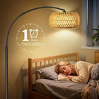 Arc Floor Lamp for Living Room, Rattan Boho Floor Lamp with Remote Control, Black Standing Lamp with 3 Color Temperatures & Dimmable LED Bulb, Tall Lamp for Bedroom, Over Couch Arched Reading Light