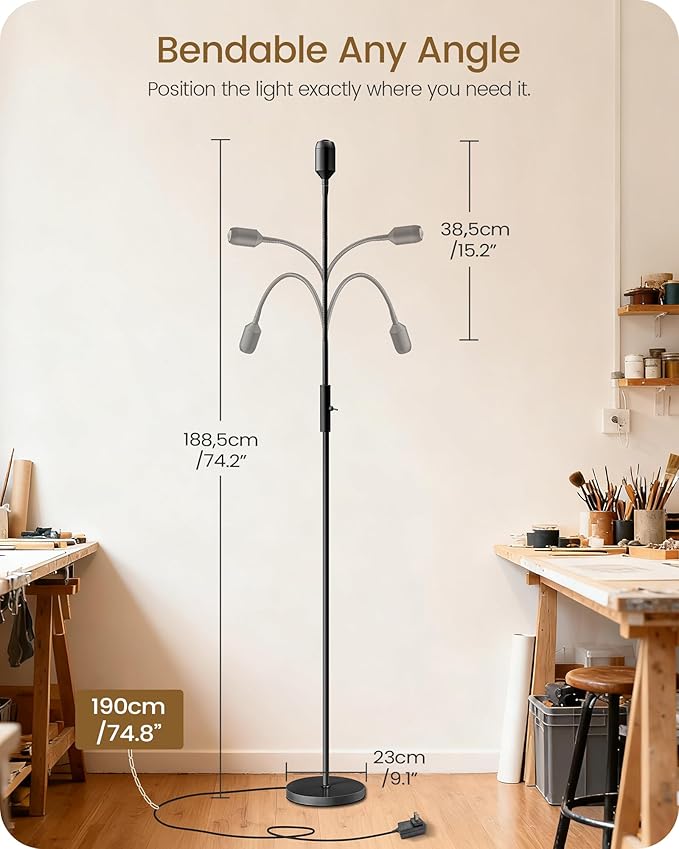 Reading Floor Lamp, 74.2" Tall LED Lamp with, 360° Flexible Gooseneck & Touch Control, 5000K 6W LED, Sturdy Base, Crafts Standing Lamp, for Reading, Living Room, Matte Black B16LD05