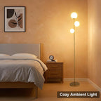 Fiqevs 3 Globe Mid Century Modern Floor Lamp for Living Room, Gold Floor Lamp with Frosted Glass Shade and LED Bulbs, Warm Light Standing Tall Pole Lamp for Bedrooms, Office - Antique Brass