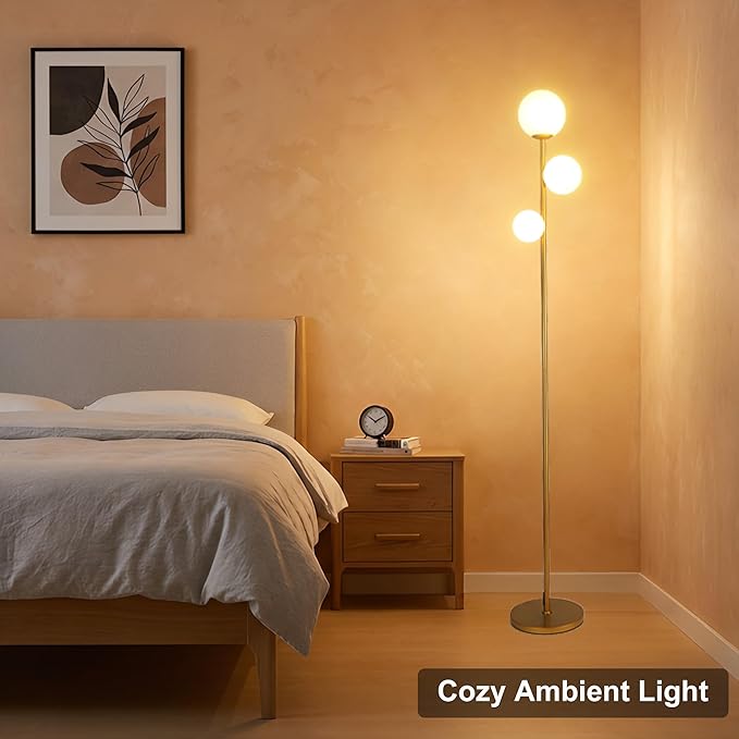 Fiqevs 3 Globe Mid Century Modern Floor Lamp for Living Room, Gold Floor Lamp with Frosted Glass Shade and LED Bulbs, Warm Light Standing Tall Pole Lamp for Bedrooms, Office - Antique Brass