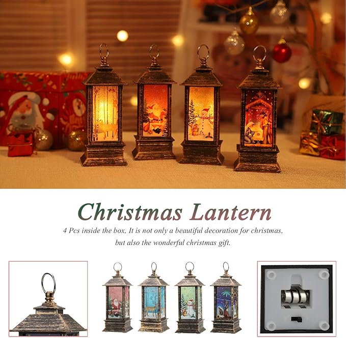 Christmas Lantern Decorations Christmas Lighting Decorations Christmas Tree Decoration Home Decor Small Candle Lanterns, Holiday Decoration Gifts for Family, Children, or Friends（4-Pack）