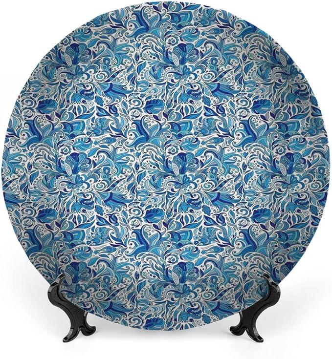 Ceramic Plates, Floral Decorative Ceramic Plates, Turkish Ceramic Art Swirled Nature Leaves, 7 Inch, for Dining, Parties, Wedding, Blue Navy and Green