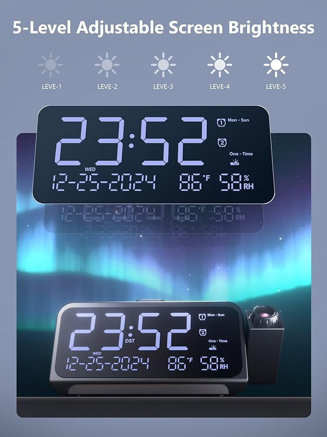 Projection Alarm Clock,Digital Clock with 350° Rotatable Projector,Weekday/Weekend Mode,5-Level Dimmer,Adjustable Volume,Temp & Humidity Monitor,Calendar,Snooze,12/24H,DST,Battery Backup, for Bedroom