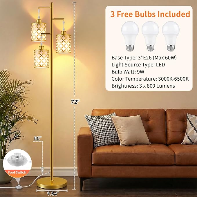 New Upgraded 72" Tall Dimmable Floor Lamp, 3 x 800LM 9W LED Bulbs Included, Farmhouse Standing Lamp with Remote Control, Industrial Tree Pole Floor Lamps for Living Room, Bedroom, Study Room - Gold