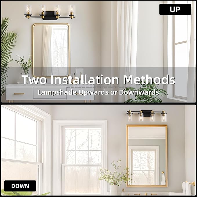 LOUSACE Bathroom Light Fixtures Black and Gold, 4 Light Bathroom Vanity Light, Modern Bathroom Light over Mirror with Clear Glass Shades, Brushed Gold Socket Wall Vanity Lighting Fixtures for Bathroom