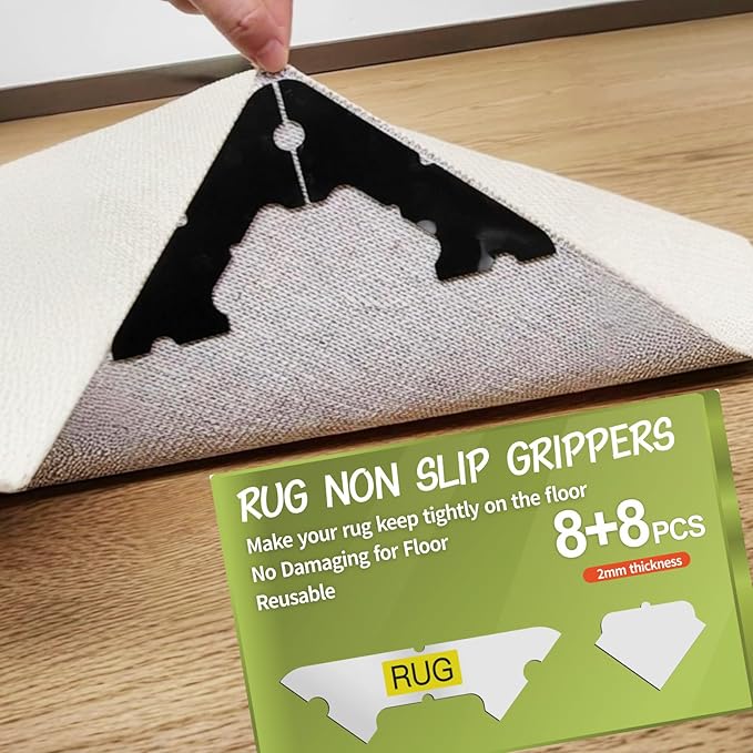 16 PCS Carpet Tape,Non Slip Carpet Pads for Area Rugs on Hardwood Floors,Laminate,Tile,LVP Floors,Reusable and Removable Rug Corner Pads with No Residue