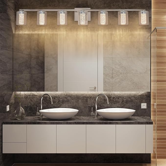 SineRise 7-Light Brushed Nickel Vanity With 3 Color Modes (3000K/4000K/6000K), Eye Protection LED Bathroom Fixture, Dimmable Modern Wall Light Over Mirror With Clear Glass Shade
