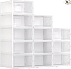 X-Large Plastic Clear Shoe Storage Boxes Stackable 12 Pack Fit Size 11, Shoe Rack & Holder Substitute, Sneaker Containers, Toy Storage Organizer for Entryway, Closet, Under Bed (White)