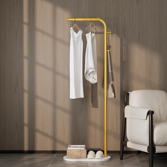 Gold clothing rack for small Spaces,Modern clothes racks for hanging clothes,7-shaped coat rack Freestanding with Marble Base and 2 Hooks coat hanger stand for Jackets, Coats, Hats (gold)