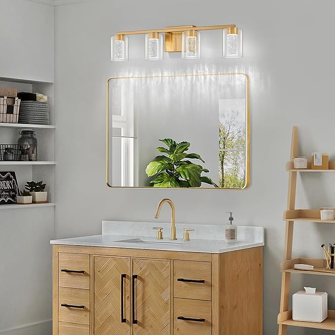 SineRise 4-Light Gold Vanity Light with 3 Color Modes (3000K/4000K/6000K), Eye Protection LED Bathroom Light Fixture, Dimmable Modern Wall Light Over Mirror with Clear Glass Shade
