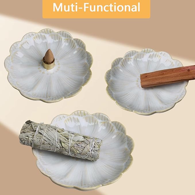Ceramic Incense Holder Bowl with Brass Burner for Incense Sticks, 5.51 Inch Handmade Incense Burner Ash Catcher for Coil, Sage Cones, Palo Santo, Smudge Bowl for Yoga Meditation Room Décor (White)