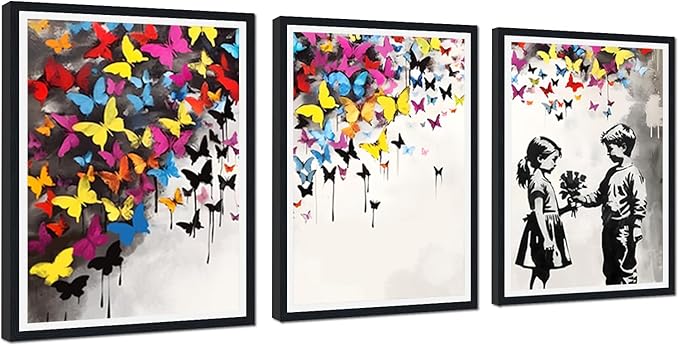 Novatique Graffiti Street Wall Art Banksy Art Wall Decor Street Paintings Artwork Butterfly Colorful Poster Graffiti Art Framed for Living Room Bedroom,16" x 24" x 3Pcs
