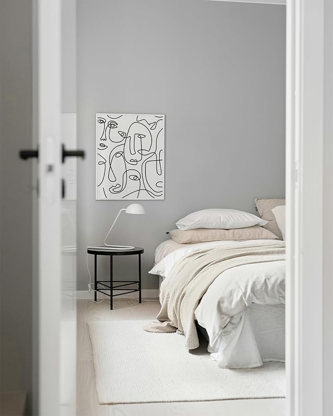 Abstract Face Pattern Wall Art Collage of Modern Faces Continuous Line Drawing 16x20 Inch Oak Wood White Framed Artistic Aesthetic Print for Living Room