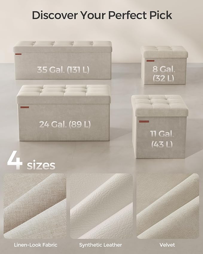 SONGMICS Storage Ottoman, Foldable Small Ottoman Foot Rest, 12.2 x 16.1 Inches Foot Stool, OAD up to 286 lb, for Living Room, Bedroom, Dorm, Cream White ULSF200W01