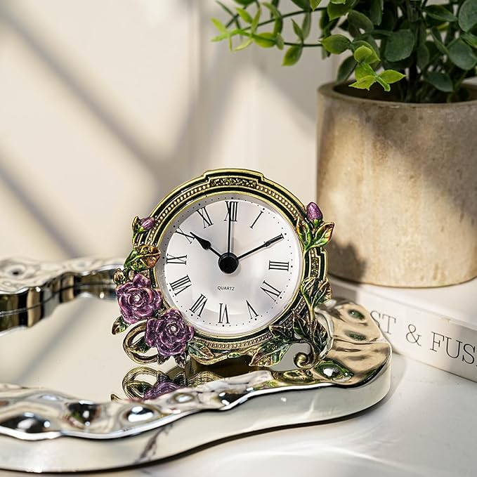 Mini Tabletop Clock, Decorative Vintage Floral Metal Table Clock with Battery Operated for Bedside, Table, Living Room, Home and Office