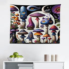 Ambesonne Hippie Tapestry, Psychedelic Dream of Trippy Mushroom Scene with Eyes and Cat Face Fantasy, Fabric Wall Hanging Decor for Bedroom Living Room Dorm, 28" X 23", Quartz Sea Blue Pearl