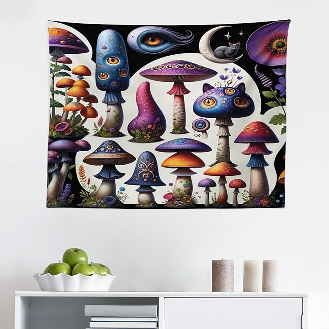 Ambesonne Hippie Tapestry, Psychedelic Dream of Trippy Mushroom Scene with Eyes and Cat Face Fantasy, Fabric Wall Hanging Decor for Bedroom Living Room Dorm, 28" X 23", Quartz Sea Blue Pearl