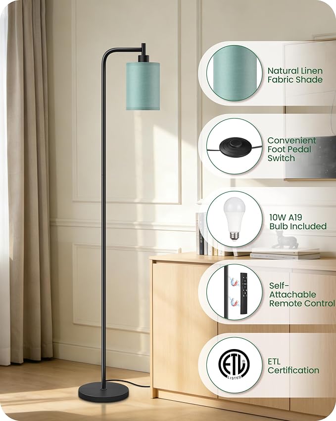 Dimmable Floor Lamp for Living Room with Remote and Foot Switch, Modern Standing, Corner Lamp,10W Bulb 3 Color Temperatures, for Bedroom, Office, Corner, ETL Listed, Black and Green J19LD05