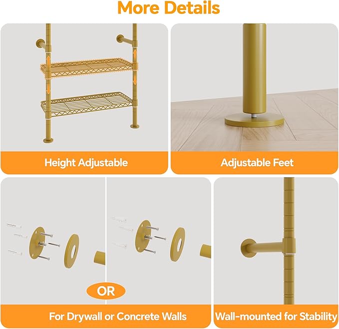 W4 Wall Mounted Clothes Rack, Industrial Pipe Clothing Rack, Garment Rack with 6 Hanging Clothes Rods Double Expandable Rods & 6 Adjustable Shelves, Heavy Duty Corner Wardrobe Racks, Gold