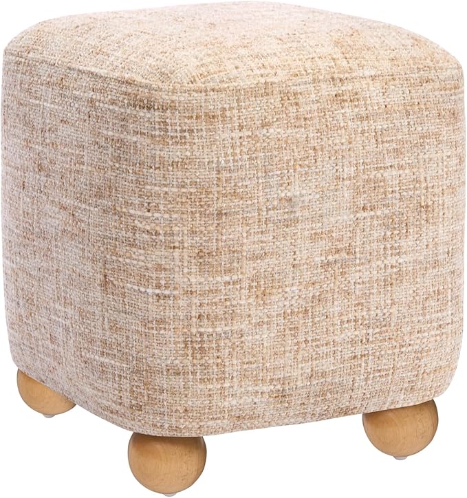 Cube Pouf Ottoman with Wooden Leg,Chenille Fabric Vanity Stool-Upholstered Floor Chair,Square Footstool Pouf with Acacia Wood Frame(500Lbs),Small Coffee Table Ottoman for Living Room