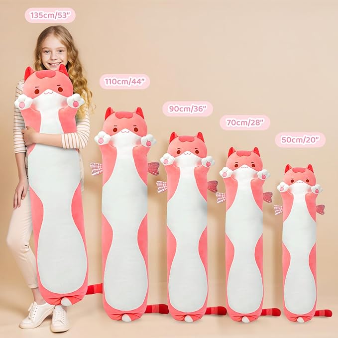 Mewaii Long Cat Plush 5 Sizes, 120% Extra Filling Giant Plushness Kids Body Pillow, Kawaii Cute Pink Cat Stuffed Animals Plushies, Big Long Body Pillow Cat Plush Gift for Girls 44”