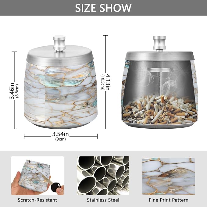 Marble Textures Ashtray with Lid, Outdoor Ashtrays for Patio, Stainless Steel Ashtray Odorless Smokeless for Home Office Balcony