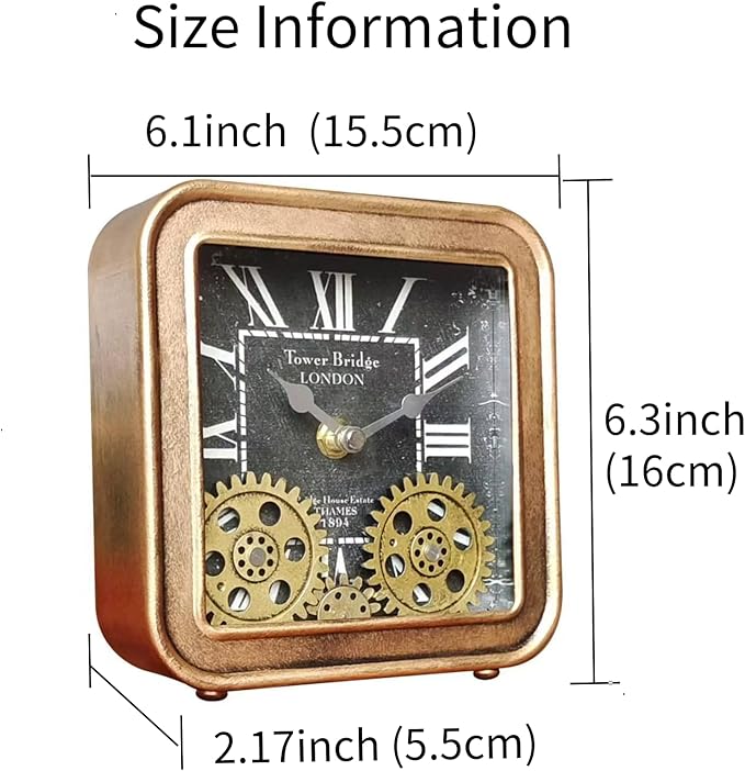 Vintage Steampunk Desk Clock, 6 Inch Metal Industrial Table Clock with Moving Gears, Silent Non-Ticking Quartz, Battery Operated Shelf Decor for Home Office Living Room (Gold)