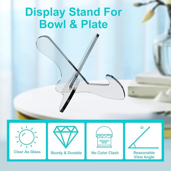 Boloyo "X Shape Acrylic Plate Display Stand, 4.5 Inch 2PC Clear Acrylic Bowl Plate Platter Dish China Porcelain Display Holder Easel Base for Home Kitchen School Art Display
