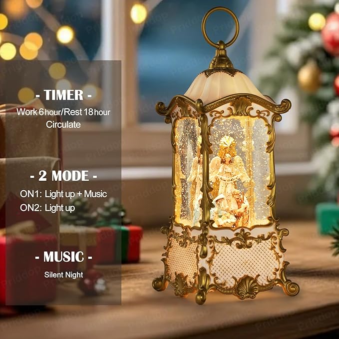 Nativity Snow Globe Christmas Decorations Indoor Angel Nativity Scene Gifts Classic Relief Texture Musical Glitter Snowfall USB/Battery Timer Lantern 12.5 inch