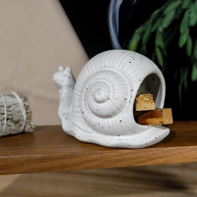 White Ceramic Snail Palo Santo Holder & Modern Chiminea Incense Burner - Elegant Cone Burner for Palo Santo Sticks & Sage - Perfect for Energy Cleansing, Yoga, Meditation, Zen Decor, Altar