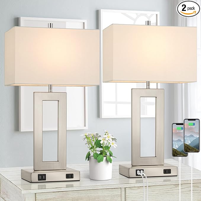22'' Tall Table Lamps for Bedroom Set of 2, Silver Bedside Touch Control Lamp with 2 USB Ports&AC Outlet, Modern Living Room Table Lamp for Nightstand End Table, 3-Way Dimming with 2 E26 Edison Bulbs