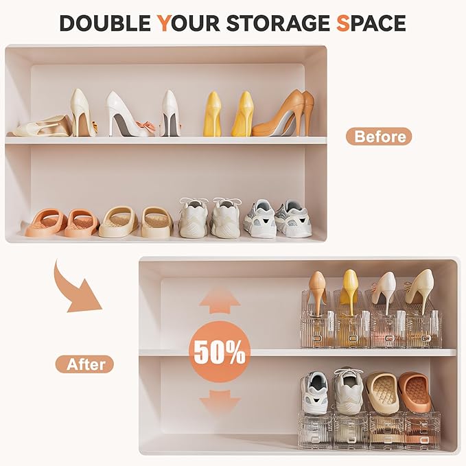 Neprock Shoe Slots Organizer for Closet, 20 Pack Acrylic Shoe Stackers Shoe Rack Holder, 3 Levels Adjustable Thickening Shoe Display Shoe Storage 50% Space Saving Zapateras Organizer (Clear,20 Pack)