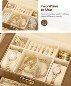 Homde Valentine's Day Gifts Synthetic Leather Huge Jewelry Box Mirrored Watch Organizer Necklace Ring Earring Storage Lockable Gift Case (Brown + Gold)