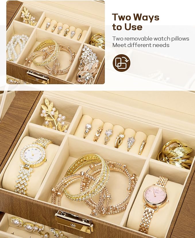 Homde Valentine's Day Gifts Synthetic Leather Huge Jewelry Box Mirrored Watch Organizer Necklace Ring Earring Storage Lockable Gift Case (Brown + Gold)