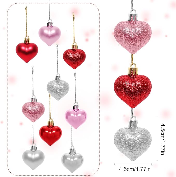 36 Pcs Valentines Day Heart Ornaments Red Pink Silver Heart Shaped Tree Hanging Baubles Valentine's Decorations for Valentine Wedding Anniversary
