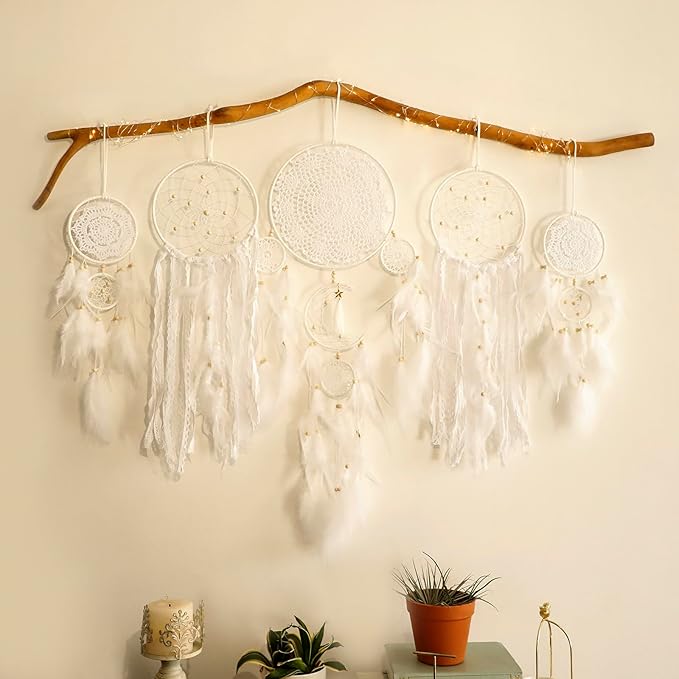 5 Pack Boho Dream Catcher Wall Hanging - White Handmade Dream Catchers Large Small Wall Decor for Bedroom Adult Sun and Moon Bohemian Hanging Decor Wedding Party Decoration for Women Teen Girls