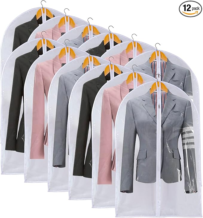 Clear Garment Bags For Hanging Clothes, 36" Women Suit Bags, Plastic Garment Bags for Closet Storage, Suit Cover Bags with Zipper for Short Coats, Jackets, Shirts 24"x36"/ 12 Pack