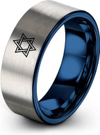 Mezuzah star Of David Ring - Gift for Jewish Family - Flat Dome Bevel - 8mm - Men Women - Yellow Gold Black Silver Blue - Anniversary Wedding - Personalized Custom Engraving - Band - Brushed Polished