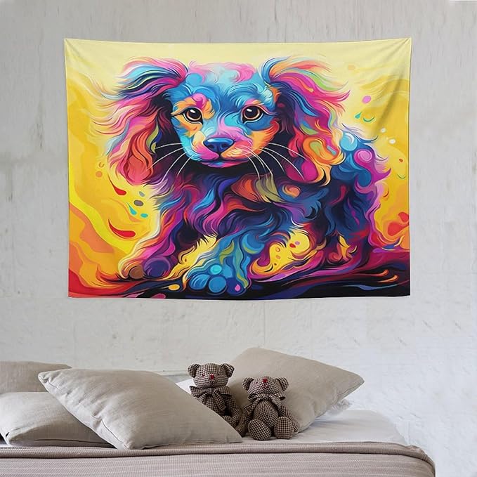 VUMIVI Colorful Cute Dog Tapestry Rainbow-Hued Oil Painting Pet-Themed Abstract Art Print Tapestry Wall Hanging for Living Room Bedroom Dorm Classroom Aesthetic Decor W40xL30in