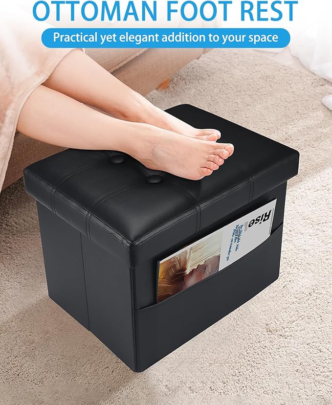 Ottoman with Storage Foot Stool - 17 Inches Folding Storage Ottomans, Leather Upholstered Ottoman Foot Rest with Side Pockets, Suitable for Living Room, Bedroom, Cafe