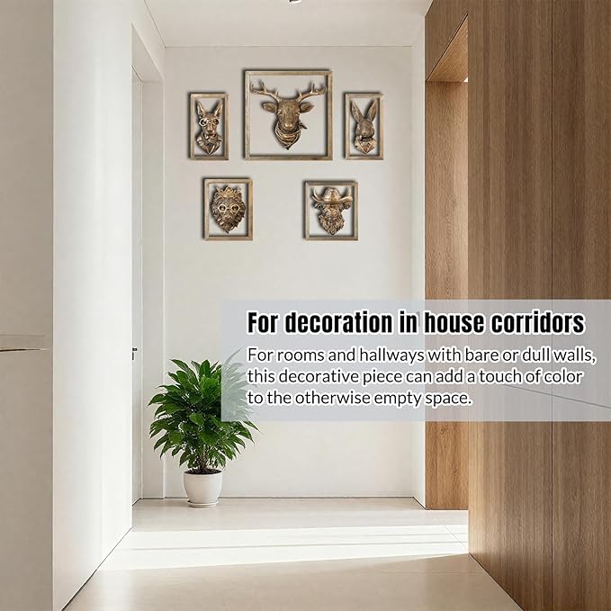 Zotabe 5PCs Animal Heads Wall Decor, Animal Sculptures Wall Dec, Moose Head Wall Mount, Vintage Wall Sculpture, Resin Wall Hanging Decoration for Living Room Bedroom Kitchen Gift (5PS, 1)