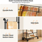 Double Rods Clothes Rack, Rolling Clothing Rack for Hanging Clothes Closet Rack with Wheels, Metal Portable Garment Rack with Double Shelves for Bedroom Laundry Living Room, Black