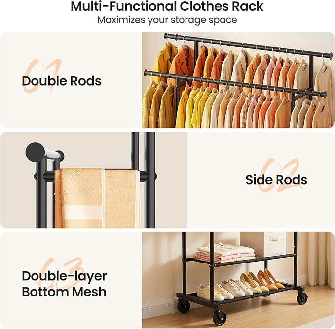 Double Rods Clothes Rack, Rolling Clothing Rack for Hanging Clothes Closet Rack with Wheels, Metal Portable Garment Rack with Double Shelves for Bedroom Laundry Living Room, Black