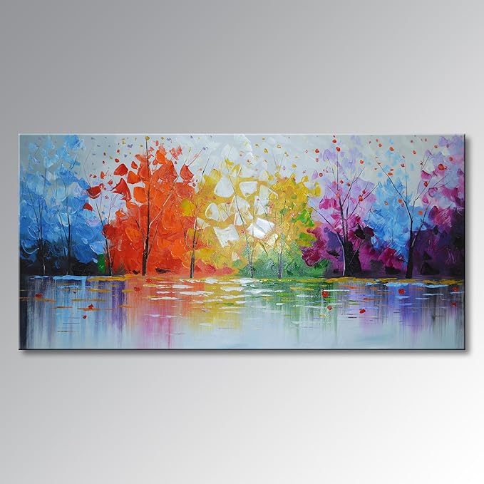 EVERFUN ART Hand Painted Palette Knife Oil Painting Modern Abstract Wall Art Hanging Lake Scenery Landscape Canvas Picture Framed Ready to Hang 40" W x 20" H