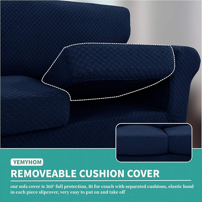 YEMYHOM Latest Checkered 2 Pieces Chair Covers for Living Room High Stretch Thickened Chair Slipcovers with Arms Anti Slip Elastic Armchair Sofa Couch Slipcover Protector (Navy), 31"-46"(1 Cushion)
