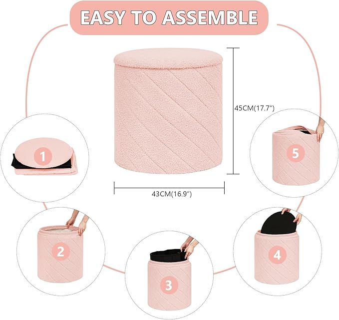 17" Foldable Boucle Round Storage Ottoman,Space-Saving Footrest/Seating/Coffee Table for Small Apartments,Dorms & Bedrooms-Pink