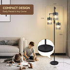 Industrial Modern Floor Lamps for Living Room, Dimmable Glass Tree Standing Tall Lamps with 3 Elegant Teardrop Cage Head & 1200 Lumens LED Bulbs for Bedroom Office (66inch Tall)