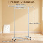Clothes Rack for Hanging Clothes, 100% Stainless Steel Clothes Garment, Portable Sturdy Clothes Rack, Extendable Rolling Garment Rack with Wheels, Freestanding Laundry Room Bedroom Dress Shirt Jacket